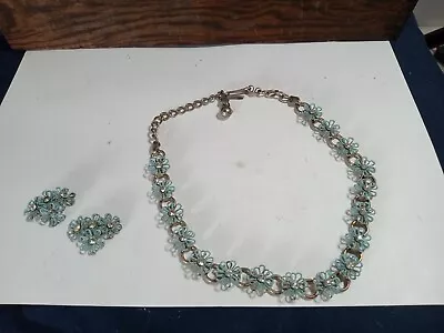 Vtg Blue Flower Necklace With Rhinestone Centers Matching Earrings(Need Repairs) • $20