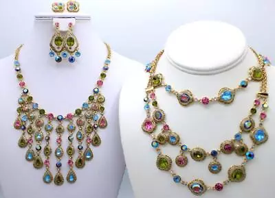 Multi Color Swag Drop Necklace Jewelry Earring Lot Pink Peridot Ab Glass Pierced • $9.95