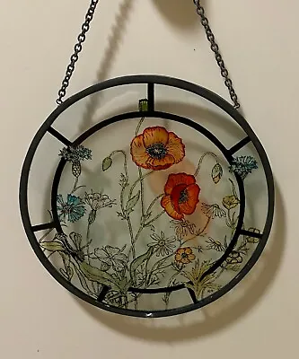 £14 • Buy  Poppies Floral Design Round Stained Glass Hanging Wall Plaque 