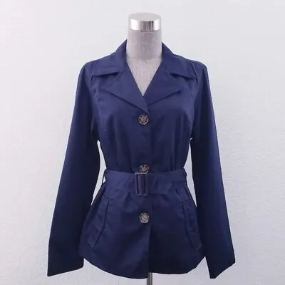 Merona Button Up Navy Blue Belted Short Trench Coat Jacket Size Medium • $35