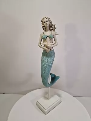 VTG Mermaid Figurine Statue Holds Starfish Resin On Wooden Base 16   C1te • $25.99