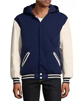 LARGE ViCTORY OUTFITTER Reversible Hooded Varsity Men Jacket Faux Leather CUS953 • $19.95