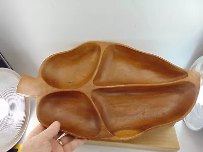 Vintage Wood HAND MADE Mid Century Leaf Divided Dish Tray 4 Section Large • $19.90