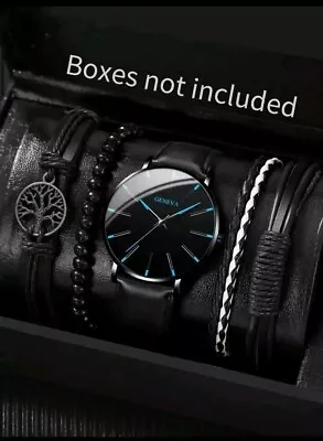 5pcs Men Watch Bracelet Gift Set Black Leather • £9.99