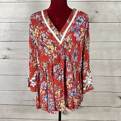 NWT Anthropologie Vineet Bahl Jessamine Floral Blouse Red V-Neck Sz XL • $59.49