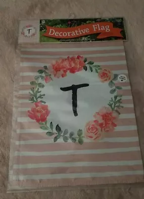 Monogrammed  T   Small Garden Flag Floral- Striped 12in. X 18in. Double Sided • $7