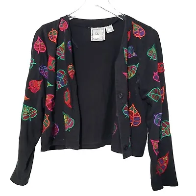 Michael Simon Lite Leaf Cardigan Embroidered Colorful Cotton Womens Sz Medium • $18.32