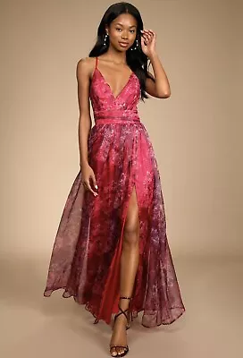 Lulu's Women's Magenta Floral Print Organza Maxi Dress Size Large NWT • $69.99