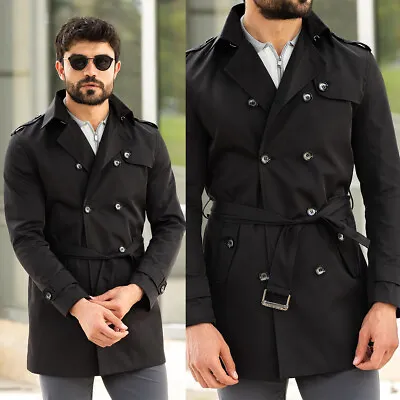 Men's Casual Black Trench Coat Double Breasted Lapel Long Coat With Waist Belt • $111.62