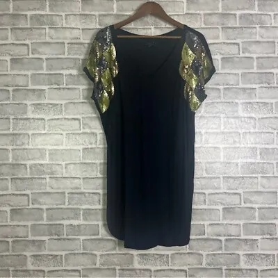 T-Bags Vintage V Neck Black Sequins Green Sequins Soft Jersey Knit Mini Dress L • $12.04