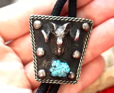 $135 • Buy Vintage NAVAJO RAM'S HEAD + TURQUOISE STERLING Bolo Signed BIGHORN SHEEP Gertie