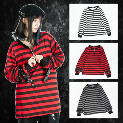 Y2K Punk Visual Kei Rock Pentagram Charm Unisex Striped Henley Top Tee JJ2402 • $30.80