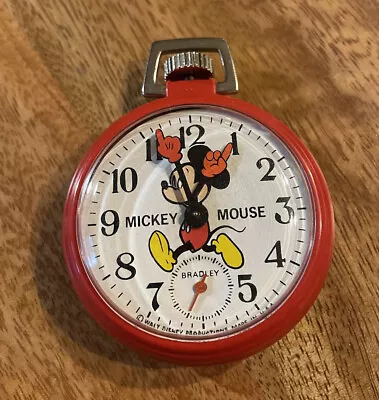 Vintage 70s Bradley Disney Mickey Mouse Red Manual Mechanical Pocket Watch Works • $50