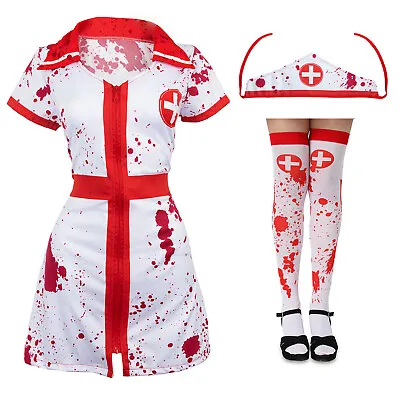 Bloody Nurse Halloween Fancy Dress Costume Plus Hat And Blood Stained Stockings • £22.59