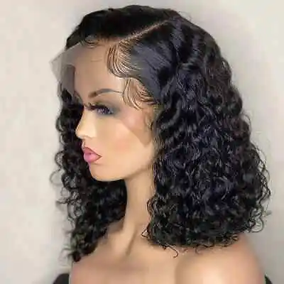 Deep Wave Pre-Plucked Side Part Short Bob Lace Frontal Brazilian Human Hair Wigs • $54.77