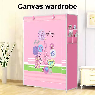 Pink Fabric Canvas Wardrobe With Hanging Rail Shelving Clothes Closet Storage UK • £16.99