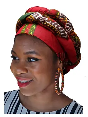 Red African Print Modu Pre-tied Head Wrap-DP3968PT • $29.99