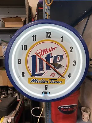 Vtg Miller Lite Neon Beer Sign Old Light Up Advertising Clock Bar Man Cave • $359