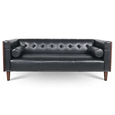 Mid-Century Modern Faux Leather Sofa 3 Seater Button Tufted Upholstered Couch • $449.99