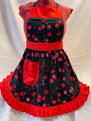 £25.99 • Buy RETRO VINTAGE 50s STYLE FULL APRON / PINNY - CHERRIES On BLACK With RED TRIM