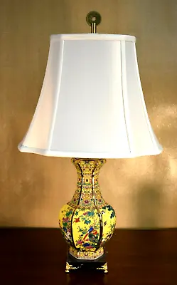26  Chinese Porcelain Hex Vase Lamp  Bird & Flower  Jingdezhen Enameled Yellow • $174.50