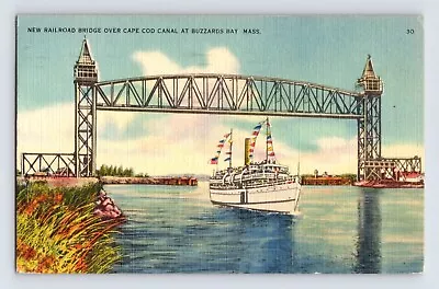 Postcard Massachusetts Buzzards Bay MA Cape Cod Railroad Bridge Boat 1944 Posted • $6