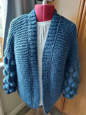 Ladies Airforce Blue Oversized Hand Knitted Bobble Sleeve Cardigan • £80