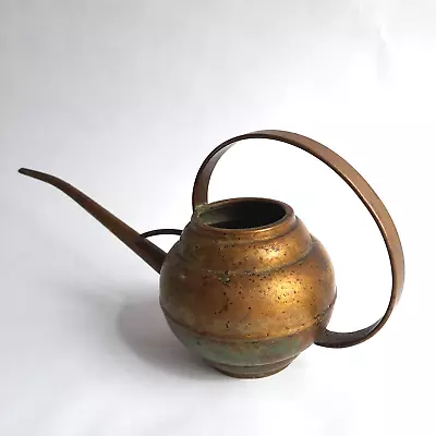 Brass Watering Pot Vintage Patina Tapered Spout Flat Circular Handle Ribbed Body • $21.96