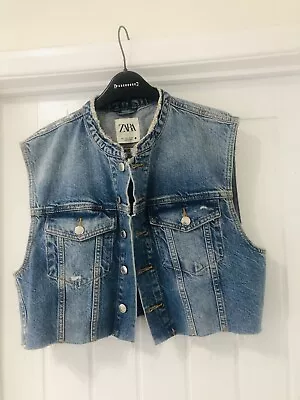 Zara Distressed Denim Gilet Size Large 14 16 Jacket Top Waistcoat • $43.56