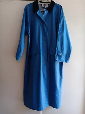 Women's Talbots Blue PVC Vinyl/Black Corduroy Collar Lng Slicker Trench Raincoat • $38