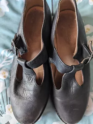 Black Leather T Bar Shoes Flats School Work Soft Leather Sz 6 40 VGC • £8