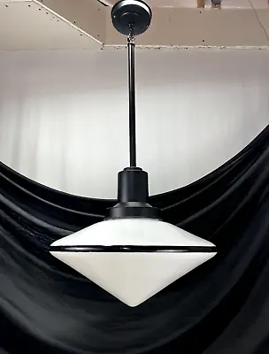 LARGE 18  Antique Vtg Art Deco Pendant Light Black White Glass Schoolhouse Diner • $399.96