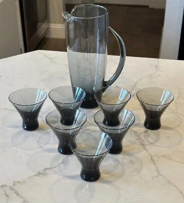 MCM Vintage 1960s Morgantown Smoke Glass 7 Martini Glasses Pitcher & Stir Set • $129