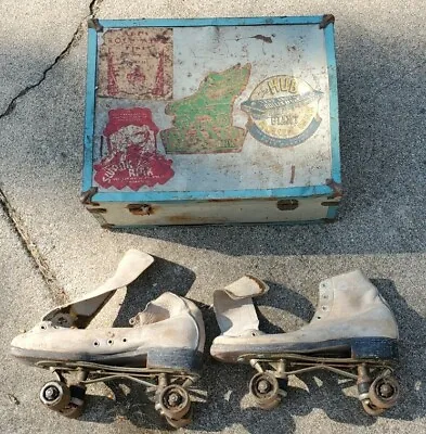 Vintage Chicago Leather Roller Derby Skates Size 6 Wooden Wheels Case Stickers • $43