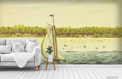 3D Tree Sandbeach Sea Sailing Self-adhesive Removeable Wallpaper Wall Mural1 • $44.99