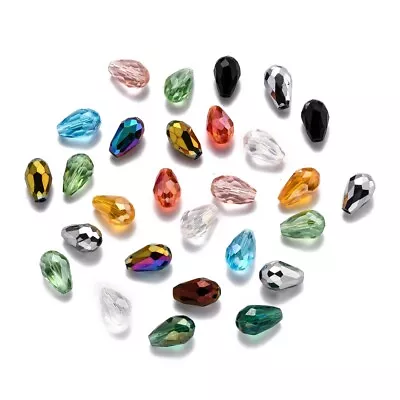 100 Faceted Tear Drop Glass Crystal Beads - Mixed Colours - 8mm - P00559 • £4.19