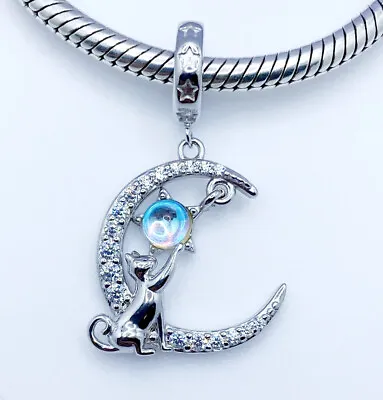 💖 Cat Moon Star Dangle Charm Pendant Animal Pet Genuine 925 Sterling Silver 💖 • £16.95