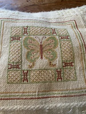Vtg 2- 12sq Pillow Needlepoint Wool Butterfly Coral Green Cream Art Deco Look • $45