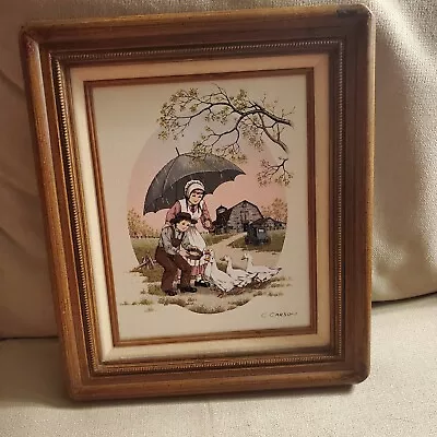 C Carson Oil Painting Amish Boy Lady Feeding Ducks In Rain Barn Framed Signed • $25