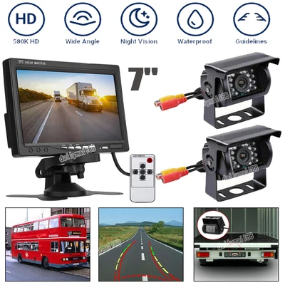 2x Rear View Reversing Camera Night Vision LED + 7  LCD Monitor For RV Van Truck • £48.99