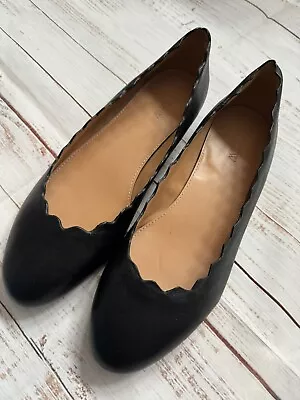 J. Crew Black Scallop Ballet Flats Size 8.5 Leather Round Toe Classic • $39.99