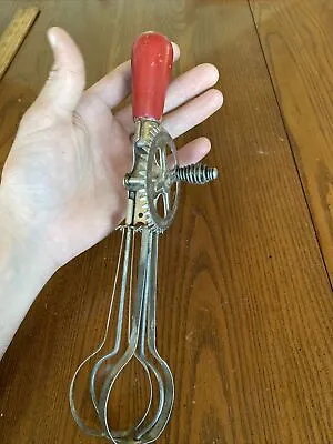 Vtg Dark RED Wood Handle A&J Hand Crank Manual Egg Beater Whipper Mixer PAT 1923 • $5.42