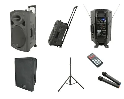 QTX QR12PA Battery + Mains Portable 200W Speaker 2 X Radio Mic + Cover + Stand • £320