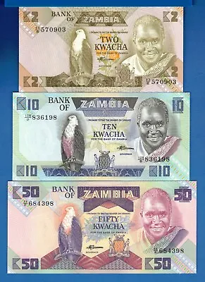 $2.95 • Buy Zambia 2, 10, 50 Kwacha African Fish Eagle Uncirculated Banknotes SET-1
