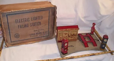 Marx Electric Lighted Sunny Side Service Station Tin Toy Set Boxed 1930 • $299.99