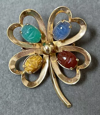 Vintage Van Dell 12K Gold Filled Shamrock With Scarab Shaped Stones Brooch Pin • $26