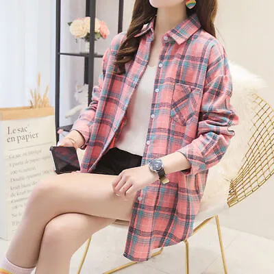 Ladies Long Sleeve Blouse Check Plaid Shirt Button-Down Tops Casual T-Shirts • £8.32