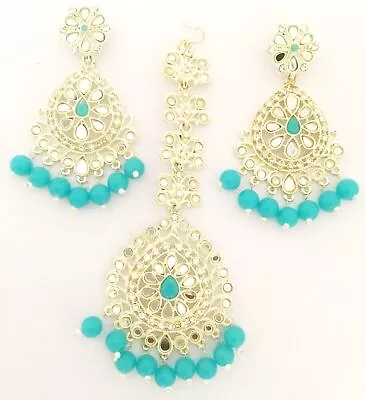 New Blue Bridal Maang Tikka Earring Set Pearl Kundan Gold Tone Indian CZ Jewelry • $15.13