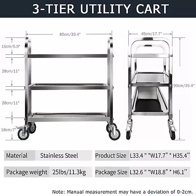 Minneer 3Tier Stainless Steel Kitchen Cart Rolling Storage Shelf Utility Trolley • $99.99