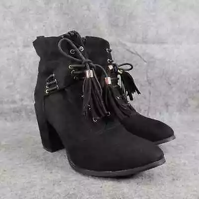 Rush Shoes Womens 8 Booties Fashion Block Heel Lace Up Elvis Tassel Black Zip • $48.97